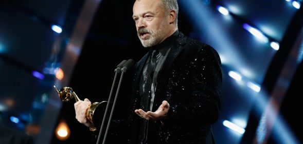 LONDON, ENGLAND - JANUARY 25: Graham Norton on stage with the Special Recognition Award during the National Television Awards at The O2 Arena on January 25, 2017 in London, England. (Photo by John Phillips/Getty Images)