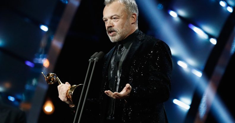 LONDON, ENGLAND - JANUARY 25: Graham Norton on stage with the Special Recognition Award during the National Television Awards at The O2 Arena on January 25, 2017 in London, England. (Photo by John Phillips/Getty Images)