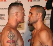 ADELAIDE, AUSTRALIA - FEBRUARY 02: Australian boxers Danny Green and Anthony Mundine face off during the official weigh in ahead of their Friday night bout at Adelaide Oval on February 2, 2017 in Adelaide, Australia. (Photo by Morne de Klerk/Getty Images)
