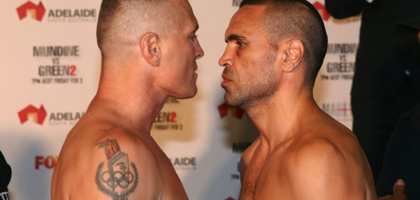 ADELAIDE, AUSTRALIA - FEBRUARY 02: Australian boxers Danny Green and Anthony Mundine face off during the official weigh in ahead of their Friday night bout at Adelaide Oval on February 2, 2017 in Adelaide, Australia. (Photo by Morne de Klerk/Getty Images)
