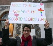a protester outside the church of england general synod