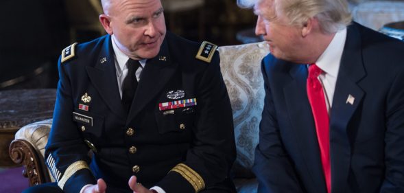 US President Donald Trump announces US Army Lieutenant General H.R. McMaster (L) as his national security adviser at his Mar-a-Lago resort in Palm Beach, Florida, on February 20, 2017. / AFP / NICHOLAS KAMM (Photo credit should read NICHOLAS KAMM/AFP/Getty Images)