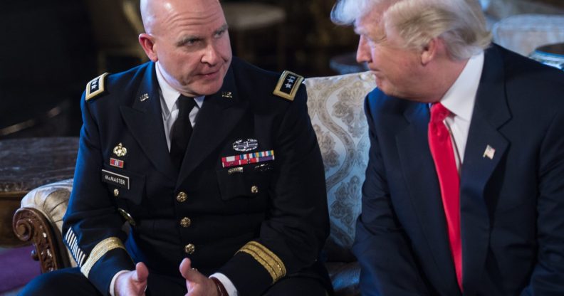 US President Donald Trump announces US Army Lieutenant General H.R. McMaster (L) as his national security adviser at his Mar-a-Lago resort in Palm Beach, Florida, on February 20, 2017. / AFP / NICHOLAS KAMM (Photo credit should read NICHOLAS KAMM/AFP/Getty Images)