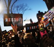 Anti-Trump protesters rally outside the Stonewall Inn in 2019 (Photo by Spencer Platt/Getty Images)