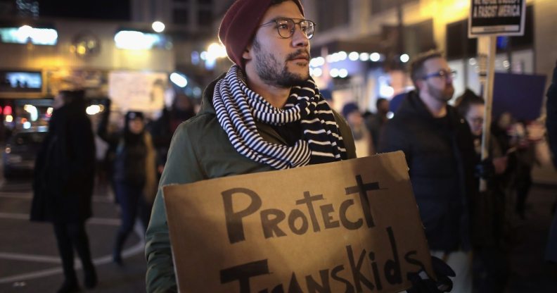 CHICAGO, IL - MARCH 03: Demonstrators protest for transgender rights with a rally, march through the Loop and a candlelight vigil to remember transgender friends lost to murder and suicide on March 3, 2017 in Chicago, Illinois. The demonstration was sparked by President Donald Trumps recent decision to reverse the Obama-era policy requiring public schools to allow transgender students to use the bathroom that corresponds with their gender identity. (Photo by Scott Olson/Getty Images)