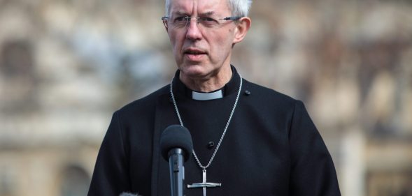 LONDON, ENGLAND - MARCH 24: Archbishop of Canterbury, the Most Rev Justin Welby speaks at a vigil outside Westminster Abbey on March 24, 2017 in London, England. Faith leaders came together for a vigil and held a one minute silence today following the terror attack on Westminster this week in which five people, including the assailant, were killed. (Photo by Jack Taylor/Getty Images)