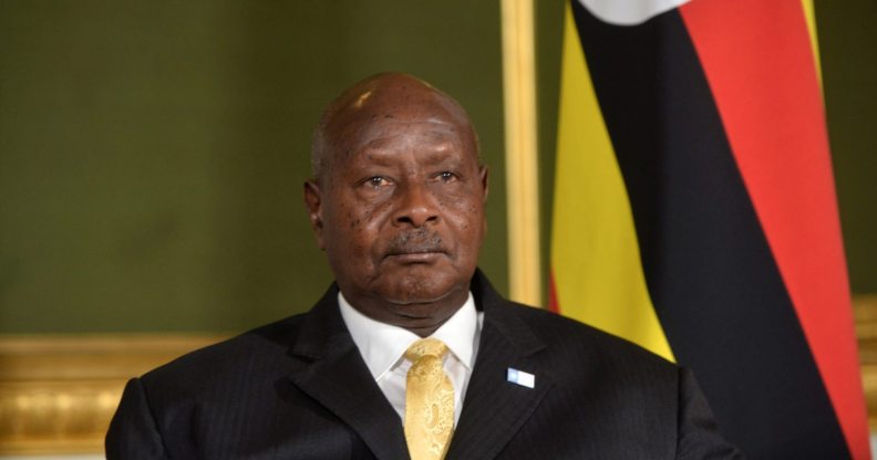 LONDON, UNITED KINGDOM - MAY 11: President Yoweri Museveni of Uganda meets Prime Minister Theresa May during the London Conference on Somalia at Lancaster House on May 11, 2017 in London, England. (Photo by Hannah McKay - WPA Pool/Getty Images)