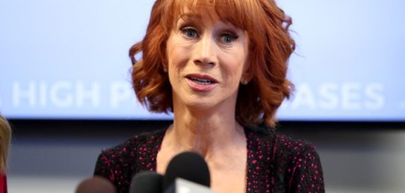 Kathy Griffin and her attorney Lisa Bloom speak during a press conference at The Bloom Firm on June 2, 2017 in Woodland Hills, California. Griffin is holding the press conference after a controversial photoshoot where she was holding a bloodied mask depicting President Donald Trump and to address alleged bullying by the Trump family.