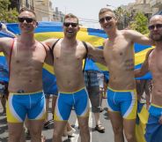 Swedish men take part in the annual Gay Pride parade in the Israeli city of Tel Aviv, on June 9, 2017. Tens of thousands of revellers from Israel and abroad packed the streets of Tel Aviv for the city's annual Gay Pride march, billed as the Middle East's biggest. / AFP PHOTO / JACK GUEZ (Photo credit should read JACK GUEZ/AFP/Getty Images)