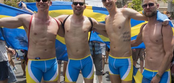 Swedish men take part in the annual Gay Pride parade in the Israeli city of Tel Aviv, on June 9, 2017. Tens of thousands of revellers from Israel and abroad packed the streets of Tel Aviv for the city's annual Gay Pride march, billed as the Middle East's biggest. / AFP PHOTO / JACK GUEZ (Photo credit should read JACK GUEZ/AFP/Getty Images)