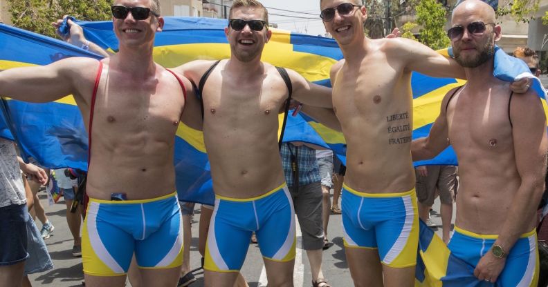 Swedish men take part in the annual Gay Pride parade in the Israeli city of Tel Aviv, on June 9, 2017. Tens of thousands of revellers from Israel and abroad packed the streets of Tel Aviv for the city's annual Gay Pride march, billed as the Middle East's biggest. / AFP PHOTO / JACK GUEZ (Photo credit should read JACK GUEZ/AFP/Getty Images)