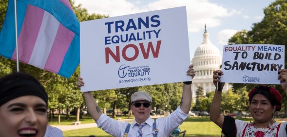 WASHINGTON, DC - JUNE 09: Members of the transgender community and their supporters rally for transgender equality on Capitol Hill, June 9, 2017 in Washington, DC. The Capital Pride Parade and the Equality March for Unity and Pride are both scheduled to take place in Washington this weekend. (Photo by Drew Angerer/Getty Images)