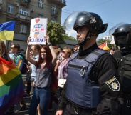 Police protect Kyiv Pride marchers during 2017 Pride