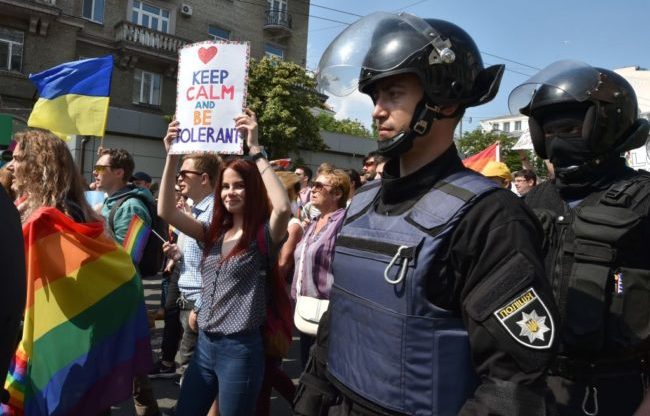 Police protect Kyiv Pride marchers during 2017 Pride