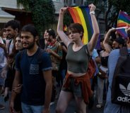 ISTANBUL, TURKEY - JUNE 25: LGBT supporters march towards Taksim Square on June 25, 2017 in Istanbul, Turkey. The 2017 LGBT Pride March was banned by authorities for the third year. Organisers defied the order and people attempted to march to Taksim Square but were met by a heavy police presence and the crowd was dispersed by tear gas and several people were arrested.