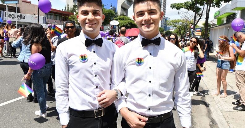 Revellers take part in the Gay Pride Parade in San Jose, on June 25, 2017. / AFP PHOTO / Ezequiel BECERRA (Photo credit should read EZEQUIEL BECERRA/AFP/Getty Images)