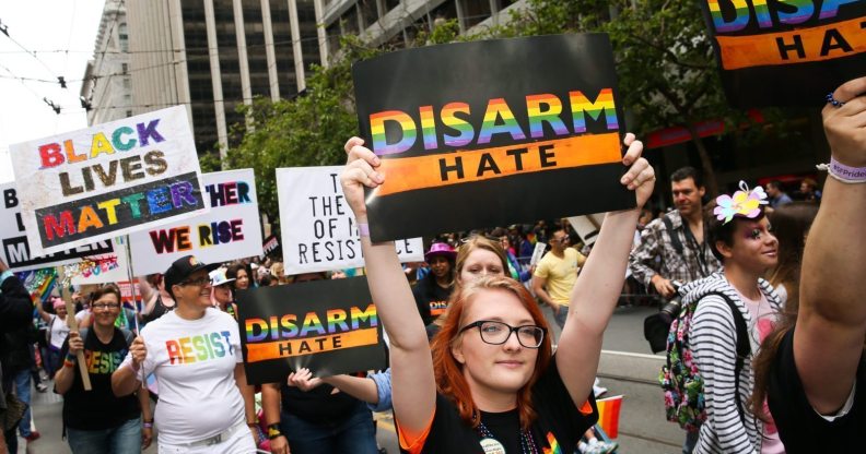 SAN FRANCISCO, CA - JUNE 25: A contingent from the Brady Campaign to Prevent Gun Violence participates in the annual LGBTQI Pride Parade on Sunday, June 25, 2017 in San Francisco, California. The LGBT community descended on Market Street for the 47th annual Pride Parade. (Photo by Elijah Nouvelage/Getty Images)