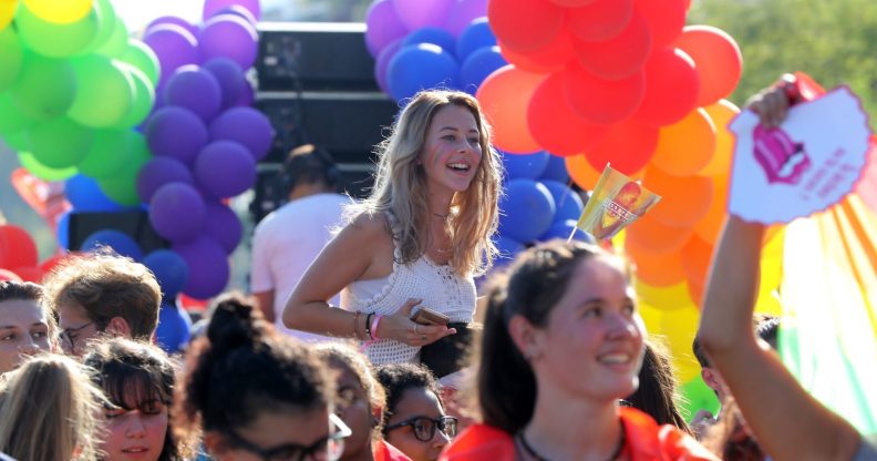 People take part in the Pink Parade, the Lesbian, Gay, Bisexual and Transgender (LGBT) Pride celebration in Nice, southeastern France, on August 5, 2017. / AFP PHOTO / VALERY HACHE (Photo credit should read VALERY HACHE/AFP/Getty Images)