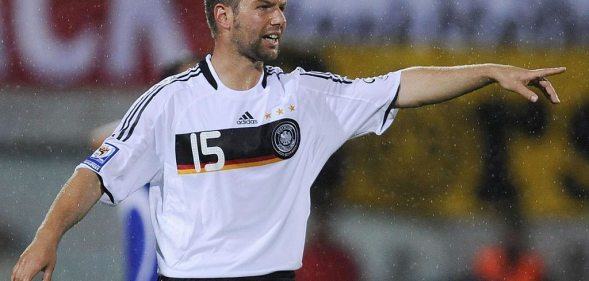 Germany's midfielder Thomas Hitzlsperger shouts during the World Cup 2010 qualifying match Liechtenstein vs Germany in Vaduz, Liechtenstein on September 6, 2008.AFP PHOTO DDP / OLIVER LANG (Photo credit should read OLIVER LANG/AFP/Getty Images)