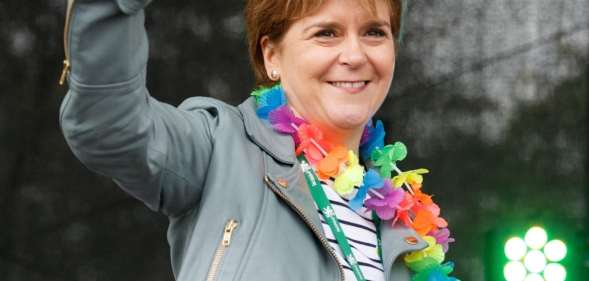 GLASGOW, SCOTLAND - AUGUST 19: First Minister Nicola Sturgeon gives the thumbs up as she addresses the assembled crowd at Glasgow Pride on August 19, 2017 in Glasgow, Scotland. The largest festival of LGBTI celebration in Scotland is held every year in Glasgow since 1996. (Photo by Robert Perry/Getty Images)