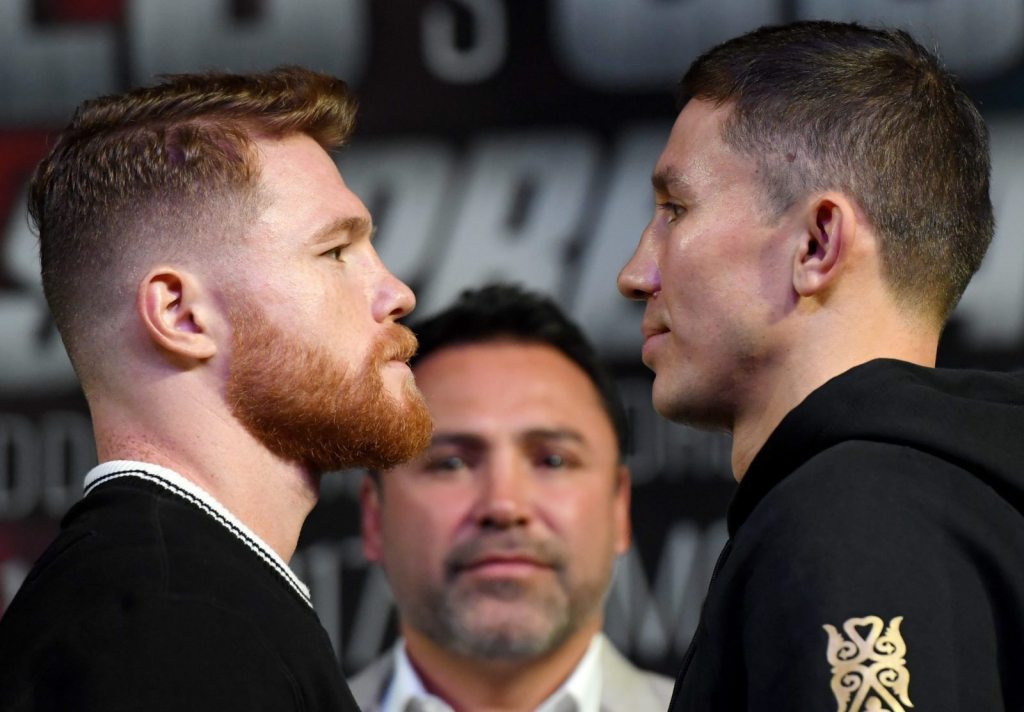 LAS VEGAS, NV - SEPTEMBER 13: Canelo Alvarez (L) and WBC, WBA and IBF middleweight champion Gennady Golovkin face off during a news conference at MGM Grand Hotel & Casino on September 12, 2017 in Las Vegas, Nevada. Golovkin will defend his titles against Alvarez at T-Mobile Arena on September 16 in Las Vegas. (Photo by Ethan Miller/Getty Images)