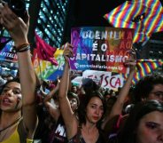 People protest against the decision of a Brazilian judge who approved gay conversion therapy in Sao Paulo, Brazil on September 22, 2017. Brazilian federal judge Waldemar de Carvalho overruled a 1999 decision by the Federal Council of Psychology that forbade psychologists from offering widely discredited treatments which claims to cure gay people. / AFP PHOTO / NELSON ALMEIDA (Photo credit should read NELSON ALMEIDA/AFP/Getty Images)