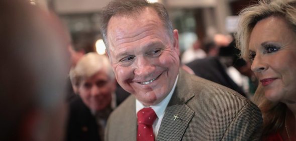 MONTGOMERY, AL - SEPTEMBER 26: Republican candidate for the U.S. Senate in Alabama, Roy Moore speaks to reporters at an election-night rally after declaring victory on September 26, 2017 in Montgomery, Alabama. Moore, former chief justice of the Alabama supreme court, defeated incumbent Sen. Luther Strange (R-AL) in a primary runoff election for the seat vacated when Jeff Sessions was appointed U.S. Attorney General by President Donald Trump. Moore will now face Democratic candidate Doug Jones in the general election in December. (Photo by Scott Olson/Getty Images)