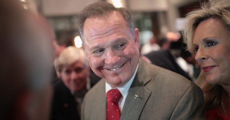 MONTGOMERY, AL - SEPTEMBER 26: Republican candidate for the U.S. Senate in Alabama, Roy Moore speaks to reporters at an election-night rally after declaring victory on September 26, 2017 in Montgomery, Alabama. Moore, former chief justice of the Alabama supreme court, defeated incumbent Sen. Luther Strange (R-AL) in a primary runoff election for the seat vacated when Jeff Sessions was appointed U.S. Attorney General by President Donald Trump. Moore will now face Democratic candidate Doug Jones in the general election in December. (Photo by Scott Olson/Getty Images)
