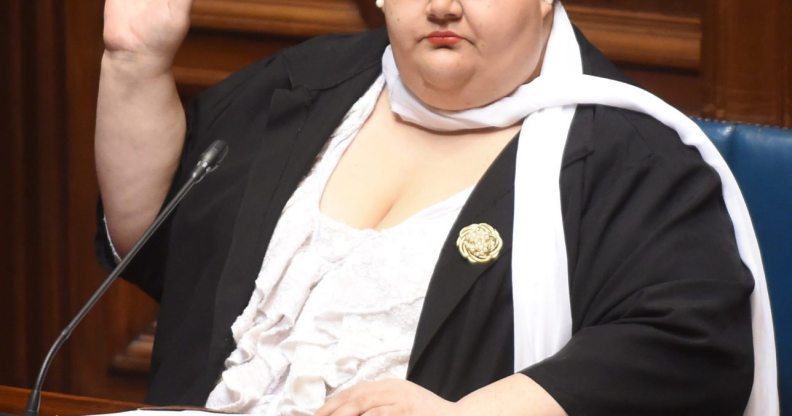 Uruguayan senator Michelle Suarez swears in in Montevideo, on October 10, 2017. Michelle Suarez is the first transgender lawmaker to have a seat in the Uruguayan parliament. / AFP PHOTO / MIGUEL ROJO (Photo credit should read MIGUEL ROJO/AFP/Getty Images)