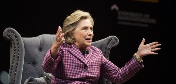 CHELTENHAM, ENGLAND - OCTOBER 15: Hillary Clinton is interviewed by Mariella Frostrup (not pictured) at the Cheltenham Literature Festival on October 15, 2017 in Cheltenham, England. The former US secretary of state and 2016 American presidential candidate yesterday received an honorary doctorate from Swansea University. She is also visiting the UK to promote her new book "What Happened". (Photo by Matthew Horwood/Getty Images)