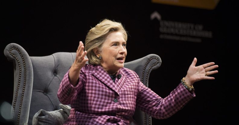 CHELTENHAM, ENGLAND - OCTOBER 15: Hillary Clinton is interviewed by Mariella Frostrup (not pictured) at the Cheltenham Literature Festival on October 15, 2017 in Cheltenham, England. The former US secretary of state and 2016 American presidential candidate yesterday received an honorary doctorate from Swansea University. She is also visiting the UK to promote her new book "What Happened". (Photo by Matthew Horwood/Getty Images)