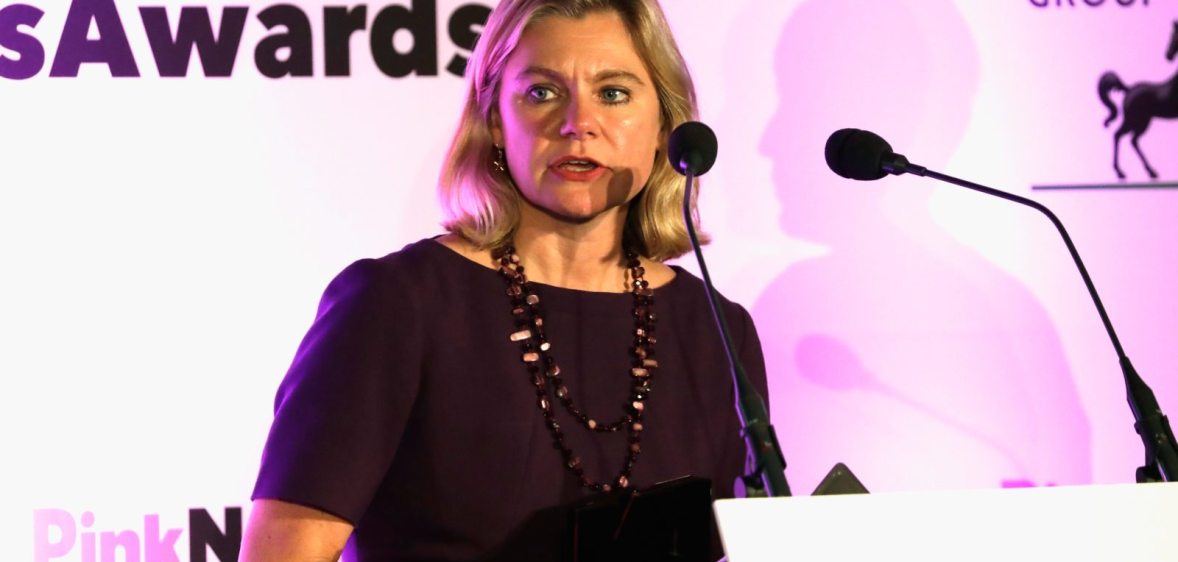 LONDON, ENGLAND - OCTOBER 18: Joint winner of the Politician of the Year award, Justine Greening, Secretary of State for Education, speaks on stage during the Pink News Awards 2017 held at One Great George Street on October 18, 2017 in London, England. (Photo by John Phillips/Getty Images)