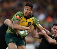 BRISBANE, AUSTRALIA - OCTOBER 21: Israel Folau of the Wallabies is tackled by Ryan Crotty of the All Blacks during the Bledisloe Cup match between the Australian Wallabies and the New Zealand All Blacks at Suncorp Stadium on October 21, 2017 in Brisbane, Australia. (Photo by Matt King/Getty Images)