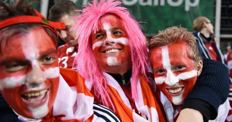 DUBLIN, IRELAND - NOVEMBER 14: The Denmark fans celebrate after the FIFA 2018 World Cup Qualifier Play-Off: Second Leg between Republic of Ireland and Denmark at Aviva Stadium on November 14, 2017 in Dublin, Ireland. (Photo by Mike Hewitt/Getty Images)