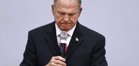 JACKSON, AL - NOVEMBER 14: Republican candidate for U.S. Senate Judge Roy Moore speaks during a campaign event at the Walker Springs Road Baptist Church on November 14, 2017 in Jackson, Alabama. The embattled candidate has been accused of sexual misconduct with underage girls when he was in his 30's. (Photo by Jonathan Bachman/Getty Images)
