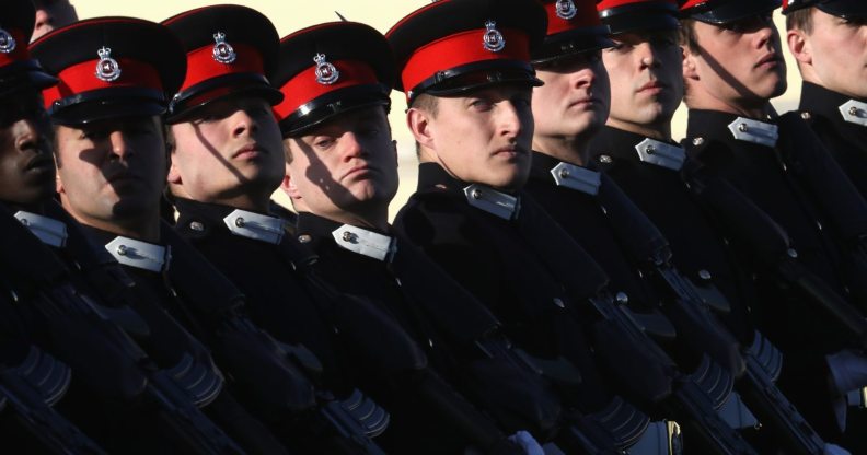 CAMBERLEY, ENGLAND - DECEMBER 15: Soldiers march at The Sovereign's Parade at Royal Military Academy Sandhurst on December 15, 2017 in Camberley, England. (Photo by Chris Jackson/Getty Images)