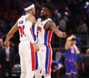 DETROIT, MI - DECEMBER 22: Reggie Bullock #25 of the Detroit Pistons celebrates a 104-101 win over the New York Knicks with Tobias Harris #34 at Little Caesars Arena on December 22, 2017 in Detroit, Michigan. NOTE TO USER: User expressly acknowledges and agrees that, by downloading and or using this photograph, User is consenting to the terms and conditions of the Getty Images License Agreement. (Photo by Gregory Shamus/Getty Images)