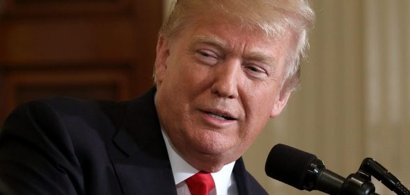 WASHINGTON, DC - JANUARY 10: U.S. President Donald Trump answers reporters' questions during a news conference with Prime Minister Erna Solberg of Norway in the East Room of the White House January 10, 2018 in Washington, DC. Before the news conference, the two leaders discussed economic security, trade, and their cooperation in the ongoing fight against Islamic State militants. (Photo by Chip Somodevilla/Getty Images)