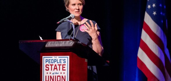 NEW YORK, NY - JANUARY 29: Cynthia Nixon speaks onstage during The People's State Of The Union at Town Hall on January 29, 2018 in New York City. (Photo by Roy Rochlin/Getty Images)
