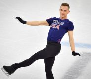 US skater Adam Rippon practices at Gangneung Ice Arena ahead of the team event of the men's figure skating before the Pyeongchang 2018 Winter Olympic Games in Gangneungon (Photo by MLADEN ANTONOV/AFP/Getty Images)