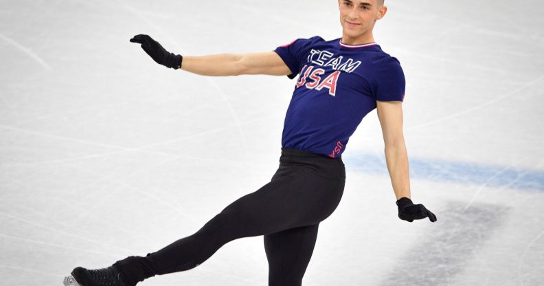 US skater Adam Rippon practices at Gangneung Ice Arena ahead of the team event of the men's figure skating before the Pyeongchang 2018 Winter Olympic Games in Gangneungon (Photo by MLADEN ANTONOV/AFP/Getty Images)