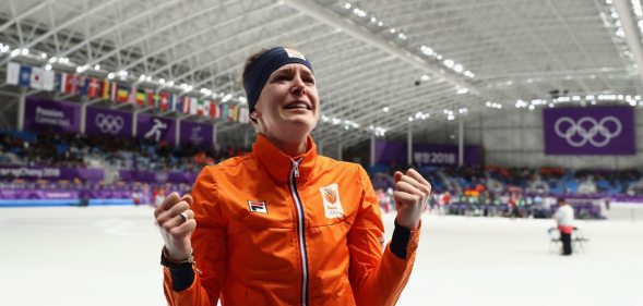 GANGNEUNG, SOUTH KOREA - FEBRUARY 12: Ireen Wust of The Netherlands celebrates winning the gold medal during the Ladies 1,500m Long Track Speed Skating final on day three of the PyeongChang 2018 Winter Olympic Games at Gangneung Oval on February 12, 2018 in Gangneung, South Korea. (Photo by Ronald Martinez/Getty Images)