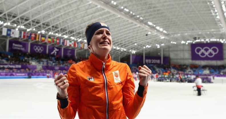 GANGNEUNG, SOUTH KOREA - FEBRUARY 12: Ireen Wust of The Netherlands celebrates winning the gold medal during the Ladies 1,500m Long Track Speed Skating final on day three of the PyeongChang 2018 Winter Olympic Games at Gangneung Oval on February 12, 2018 in Gangneung, South Korea. (Photo by Ronald Martinez/Getty Images)