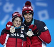 PYEONGCHANG-GUN, SOUTH KOREA - FEBRUARY 15: Bronze medalists Meagan Duhamel and Eric Radford of Canada celebrate during the medal ceremony for the Pair Skating Free Skating on day six of the PyeongChang 2018 Winter Olympic Games at Medal Plaza on February 15, 2018 in Pyeongchang-gun, South Korea. (Photo by Clive Mason/Getty Images)
