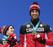 Canada's bronze medallists Meagan Duhamel (L) and Eric Radford pose on the podium during the medal ceremony for the figure skating pair event at the Pyeongchang Medals Plaza during the Pyeongchang 2018 Winter Olympic Games in Pyeongchang on February 15, 2018. / AFP PHOTO / Dimitar DILKOFF (Photo credit should read DIMITAR DILKOFF/AFP/Getty Images)