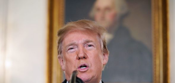 US President Donald Trump speaks on the Florida school shooting, in the Diplomatic Reception Room of the White House on February 15, 2018 in Washington, DC. Earlier Thursday, President Trump issued a largely symbolic proclamation, ordering that flags be flown at half staff at US embassies, government buildings and military installations."Our nation grieves with those who have lost loved ones in the shooting at the Marjory Stoneman Douglas High School in Parkland, Florida," he said. / AFP PHOTO / MANDEL NGAN (Photo credit should read MANDEL NGAN/AFP/Getty Images)