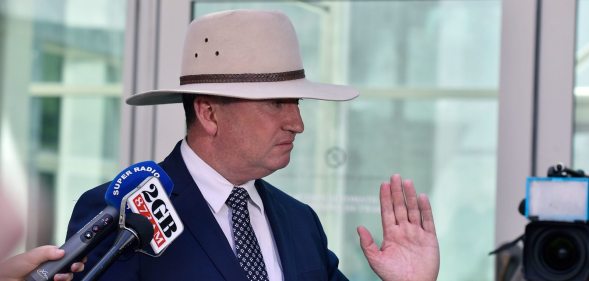 CANBERRA, AUSTRALIA - FEBRUARY 16: Barnaby Joyce speaks to the press on February 16, 2018 in Canberra, Australia. Mr Joyce announced last week that he had separated from his wife and was expecting a child with his former media adviser Vikki Campion. Since then, speculation has mounted that the National Party leader may have to resign as Deputy Prime Minister. (Photo by Michael Masters/Getty Images)