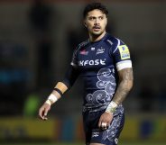 SALFORD, ENGLAND - FEBRUARY 16: Denny Solomona of Sale Sharks during the Aviva Premiership match between Sale Sharks and Saracens at AJ Bell Stadium on February 16, 2018 in Salford, England. (Photo by Lynne Cameron/Getty Images)