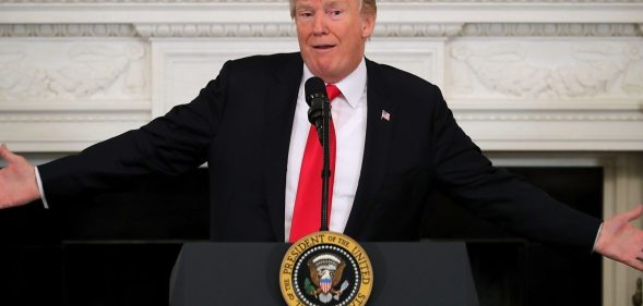 WASHINGTON, DC - FEBRUARY 26: U.S. President Donald Trump hosts a business session with state governors in the State Dining Room at the White House February 26, 2018 in Washington, DC. The National Governors Association is holding its annual winter meeting this week in Washington. (Photo by Chip Somodevilla/Getty Images)