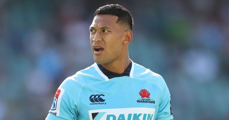 SYDNEY, AUSTRALIA - MARCH 18: Israel Folau of the Waratahs looks on during the round five Super Rugby match between the Waratahs and the Rebels at Allianz Stadium on March 18, 2018 in Sydney, Australia. (Photo by Mark Metcalfe/Getty Images)